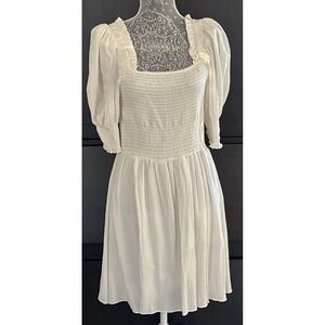 NEW 1.STATE White Smocked Mini Dress Puff Sleeve Square Neck Tiered L
